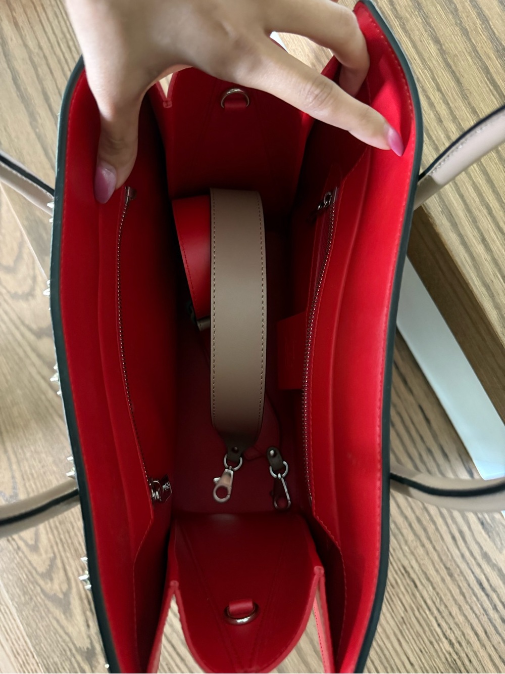 Christian Louboutin Paloma Tan Studded Leather Tote with Red Interior - Picture 4 of 5